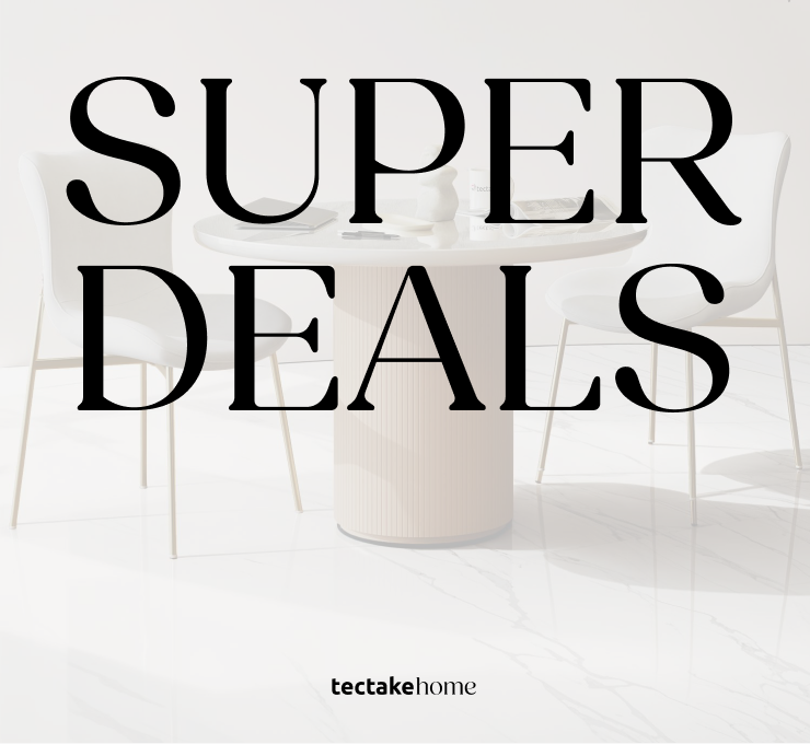 Mesa redonda moderna com cadeiras brancas minimalistas e a mensagem “SUPERDEALS tectake home” ao centro