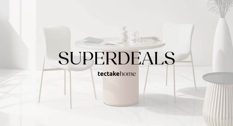 Mesa redonda moderna com cadeiras brancas minimalistas e a mensagem “SUPERDEALS tectake home” ao centro